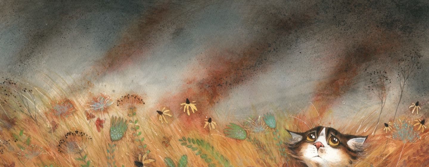 Illustration of Dozer the cat in golden grass with smoke behind