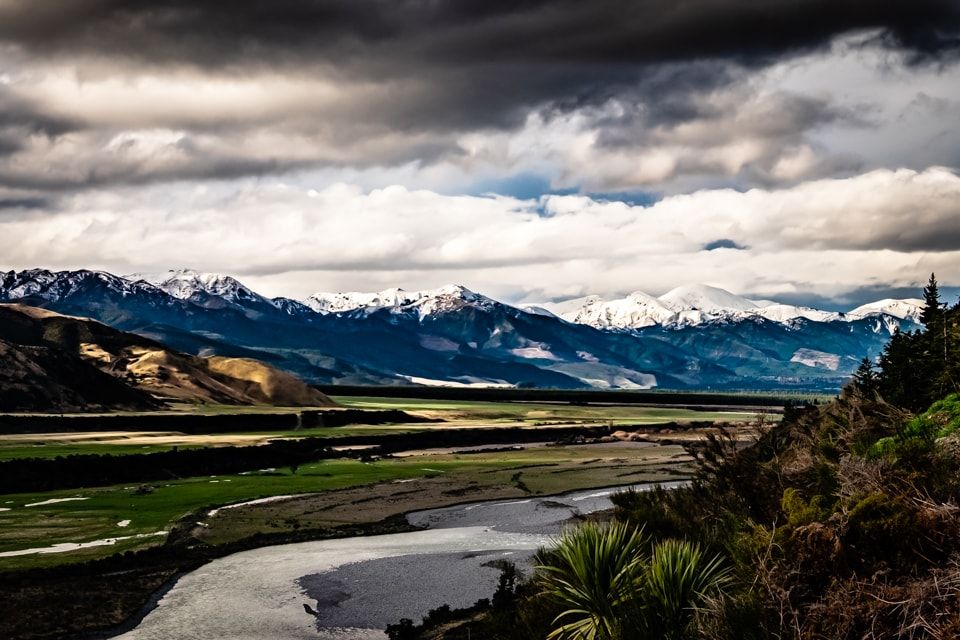 A braided river beneath the mountains near Nelson, New Zealand